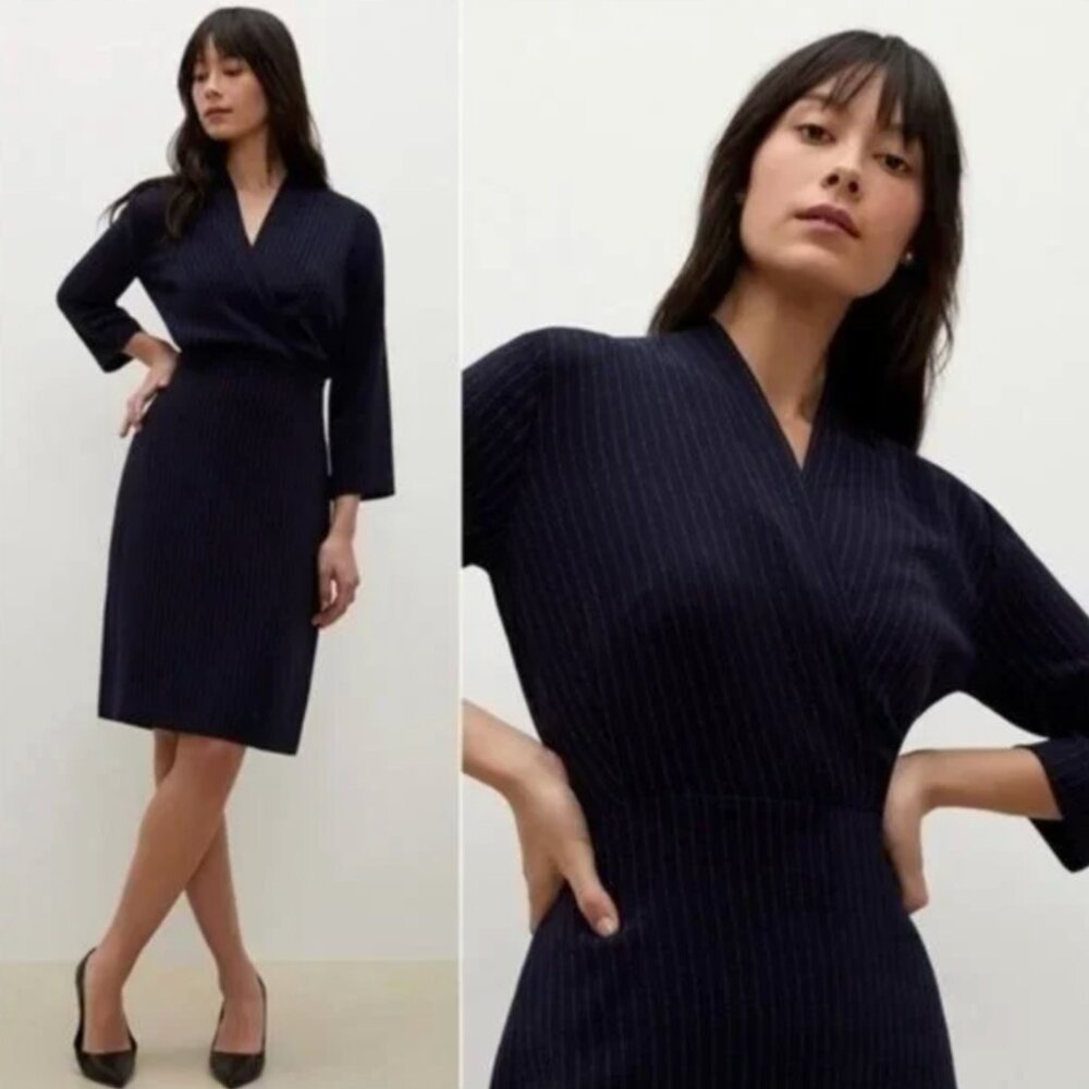 MM LAFLEUR Niko navy pinstripe surplice bracelet sleeve career sheath dress 16